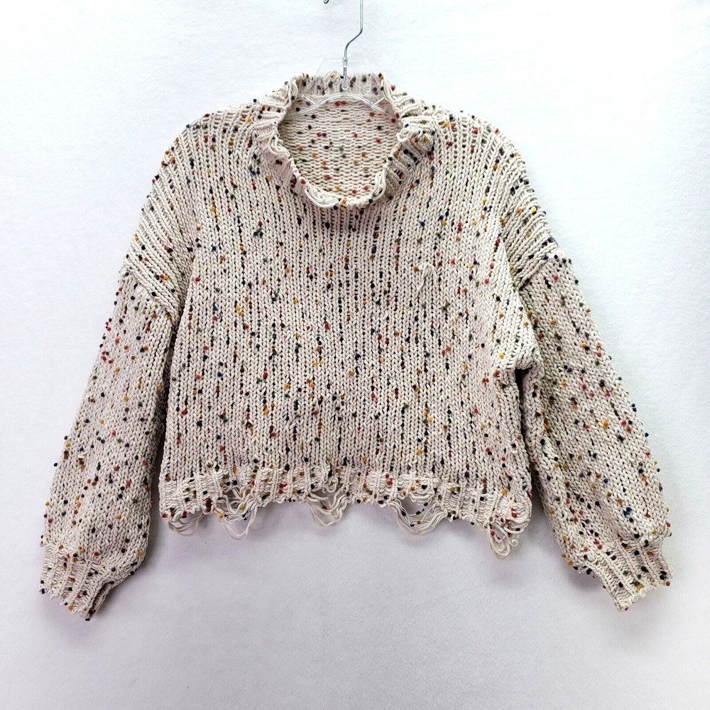 SHEIN Confetti Knit Sweater Womens One Size Cropped Distressed Hem Pullover‎